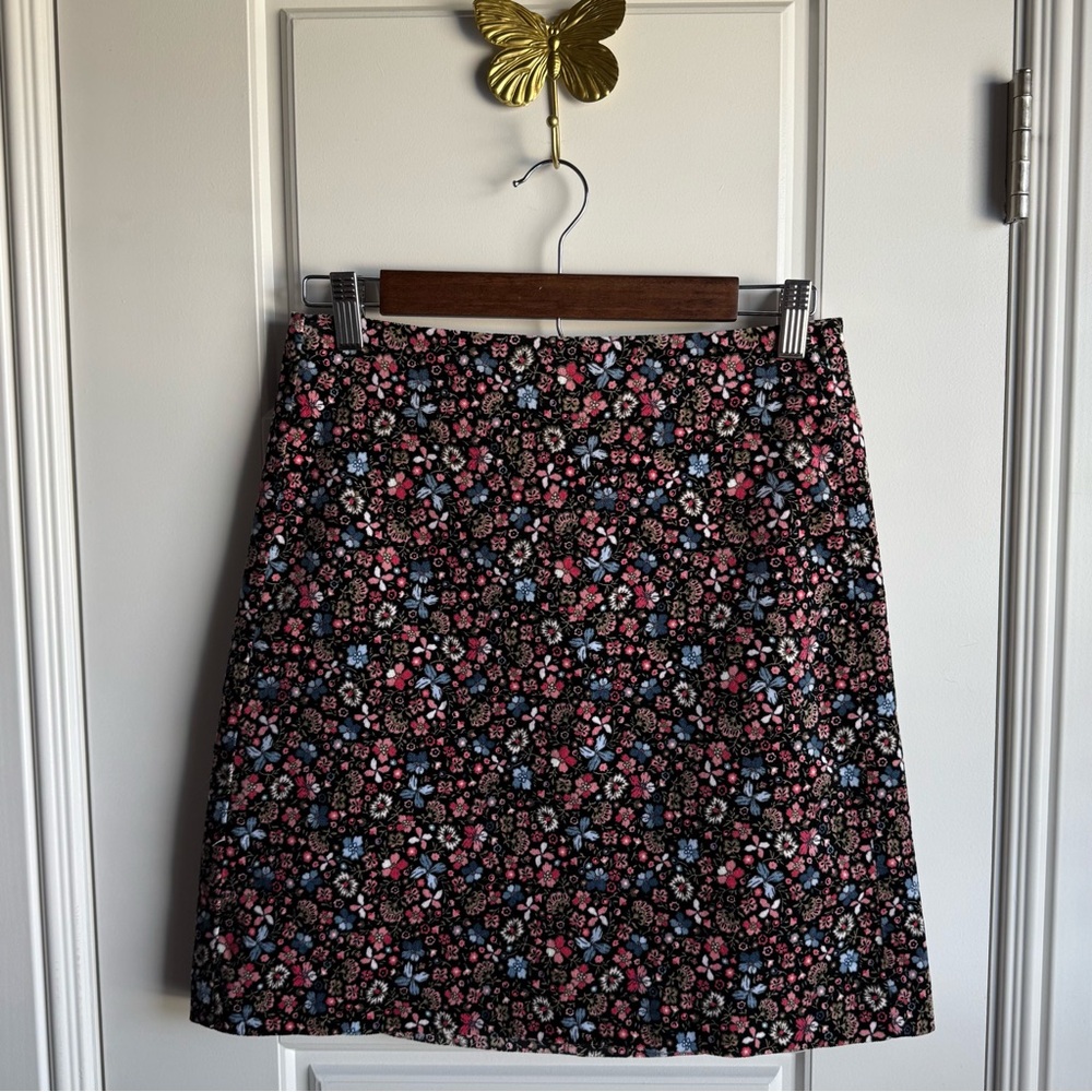 LOFT Velvet Floral Mini Skirt Black Ditsy Print Size 0 Gold Back Zip